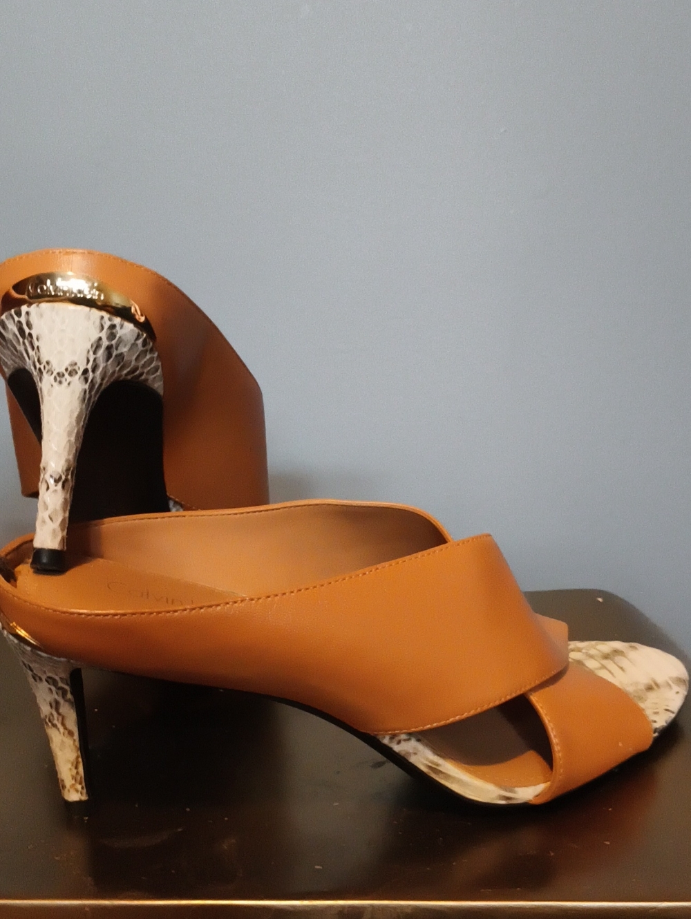 Calvin Klein Cognac Leather Open-Toe Heels with Snake-Print Accents 7